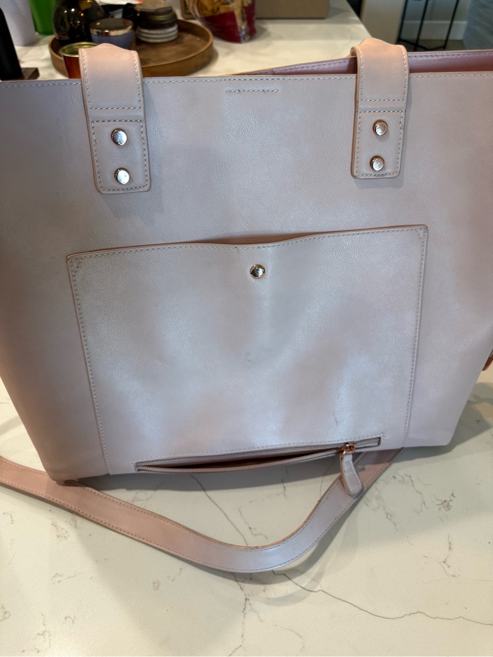 Soft Blush Pink Faux-Leather Tote with Front Pocket